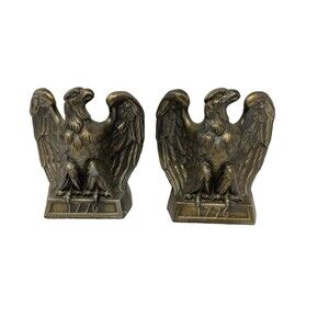 60s Mid Century Colonial Virginia Patriotic Brass Eagle Bookends Pair Patina Vgt